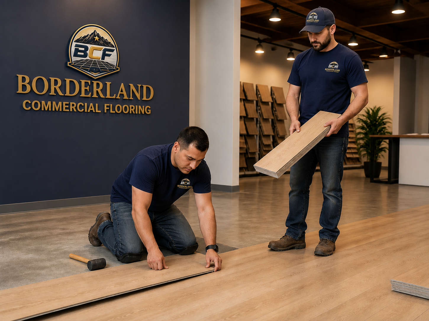 BCF crew in branded shirts installing luxury vinyl plank flooring in the BCF showroom